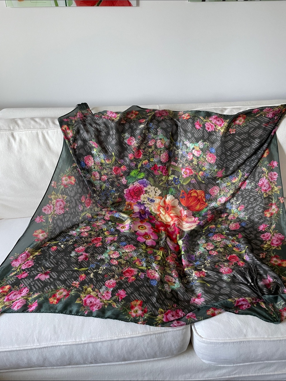 Black Floral Satin Throw Blanket with Pink Bouquet